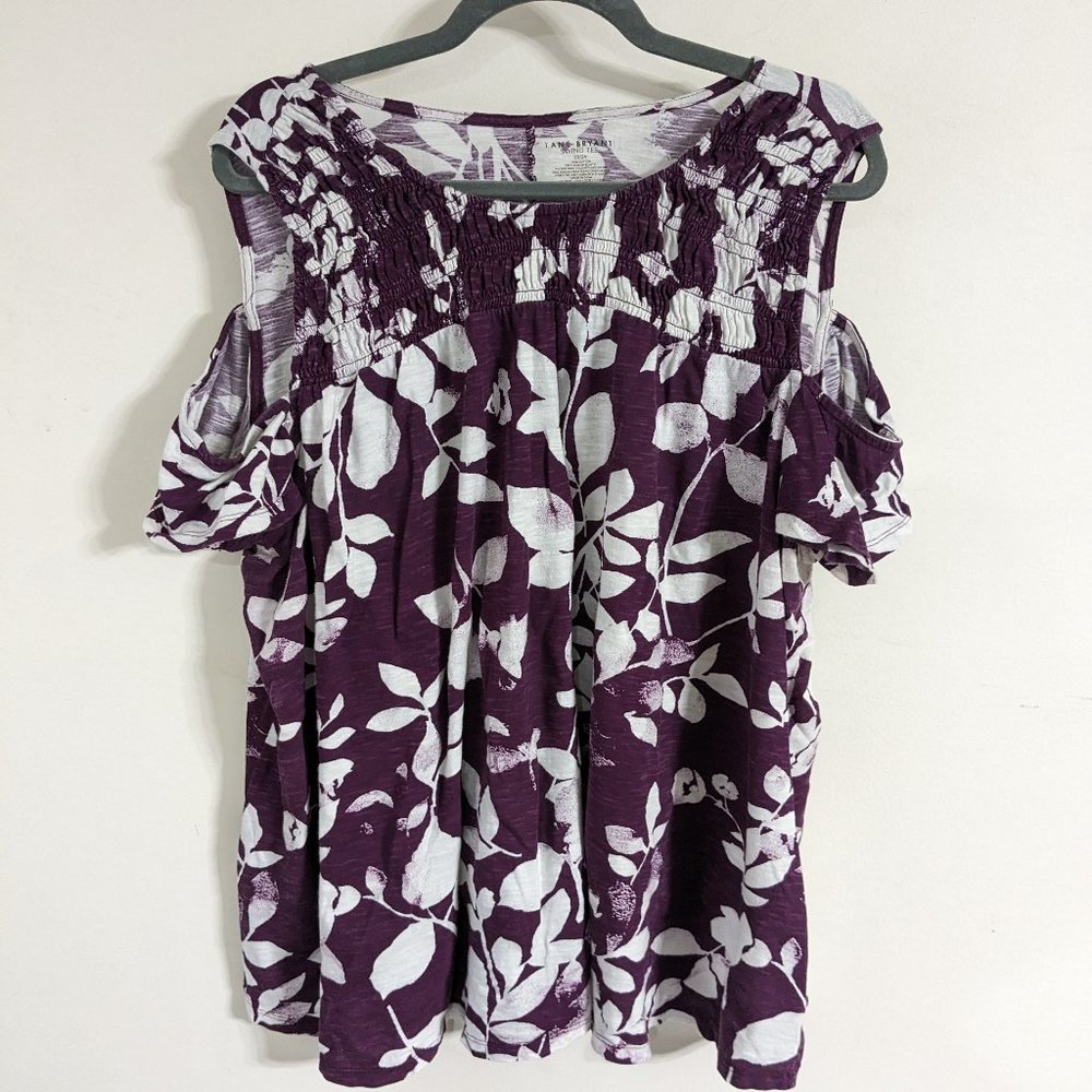 Lane Bryant 22/24W Purple & White Floral Print cold Shoulder Knit Shirt